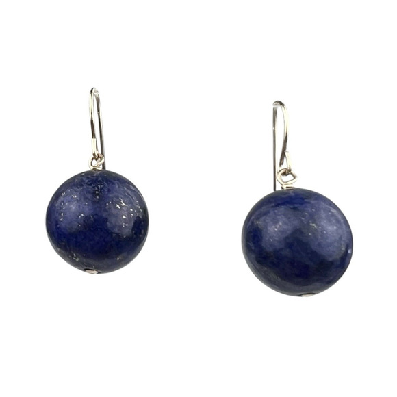 CU 14K Yellow Gold Hook Pierced Earrings Lapis Lazuli Round Drop Stone - Picture 1 of 10